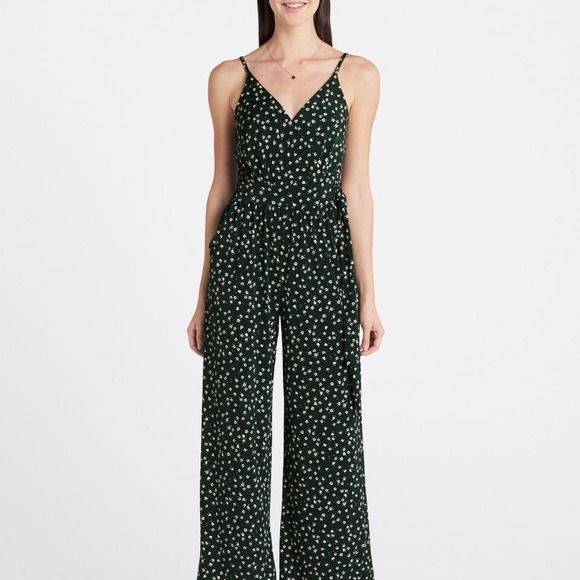 Kaileigh Pants - Kaileigh Ditsy‎ Floral Wide Leg Forest Green Faux Wrap Sleeveless Jumpsuit XL